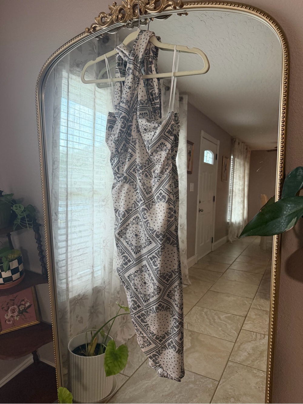 Printed Halter Midi Dress in White and Black